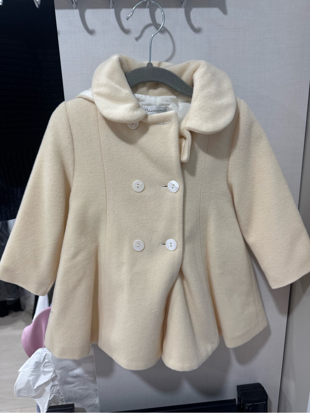 Girls' Cream Double-Breasted Pea Coat with Peter Pan Collar